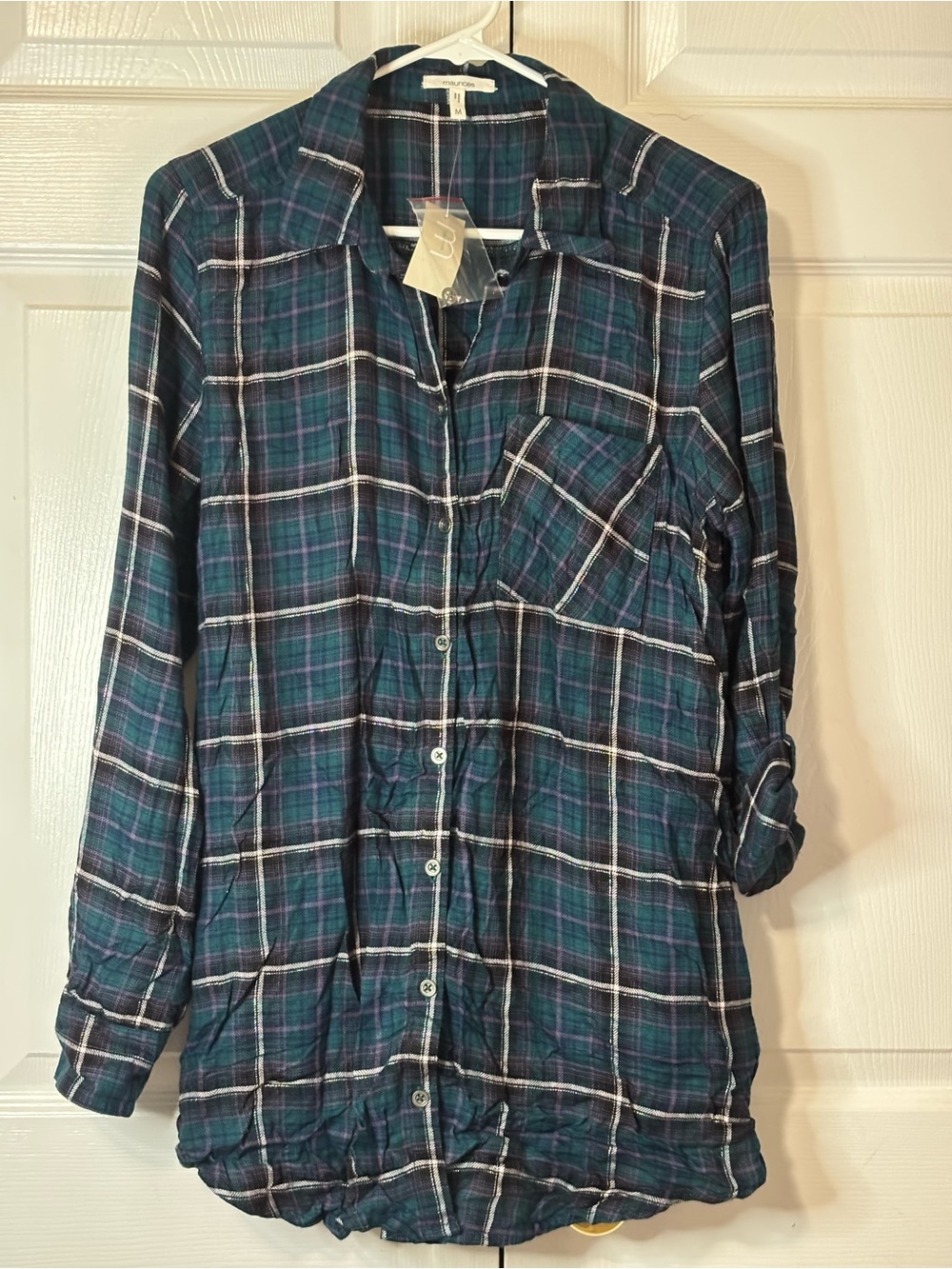 Maurices Teal & Navy Plaid Button-Up Shirt Sz M New with Tags